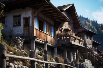 Aged wooden house in mountain village, Weathered hut in nature landscape
