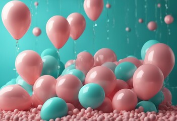 Fototapeta na wymiar Colorful Party Background with Coral Pink and Aqua Balloons for Birthday Party