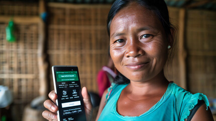 Smiling Elderly Tribal Woman Holding Smartphone, Cultural Portrait in an Asian Village, Colorful and Happy Senior Lady