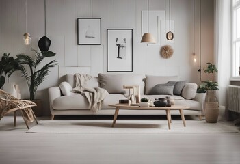 Fototapeta na wymiar Contemporary Interior Design Background Scandinavian Living Room in Light Colors with Artworks on the Wall