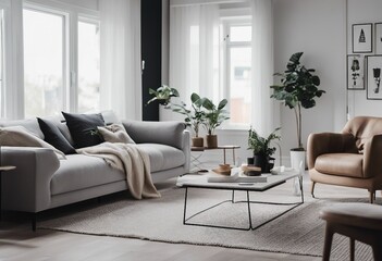 Contemporary Interior Design Background Scandinavian Living Room in White Tones