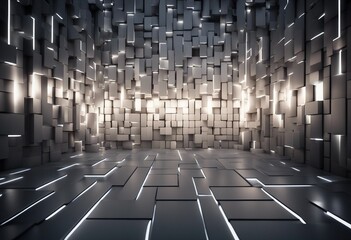Silver Concrete wall background with integrated White light strips Geometric Tech Wallpaper 