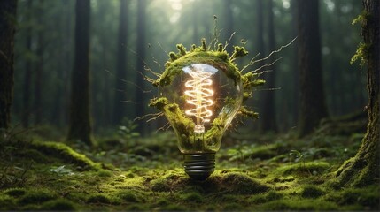 Creative light bulb with  plant in nature, Sustainable development concept. Light bulb with green grass on foliage background. Generative AI
