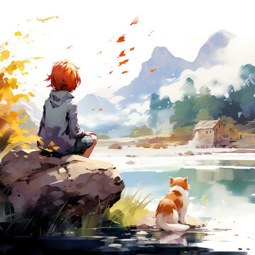 Two red-haired friends - a boy and a cat - walking near the river. Storybook illustration.