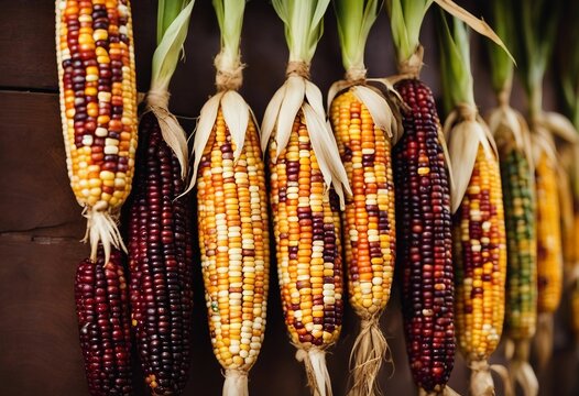 Different colors of vibrant ears of Indian Corn with husks pulled back hanging on a wall A symbol of harvest season 