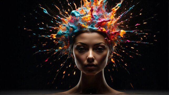 Portrait of a woman with creative ideas explodes and colorful paint and colors on dark background. New idea, brainstorming concept. Generative AI