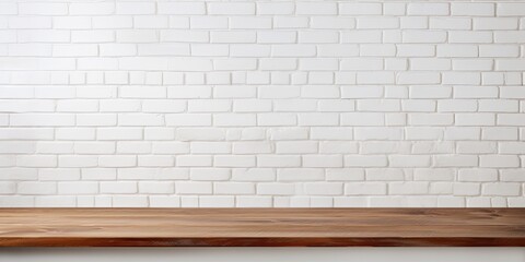 Empty wooden table over white brick wall background, wooden kitchen counter for food and product display template, white wall backdrop