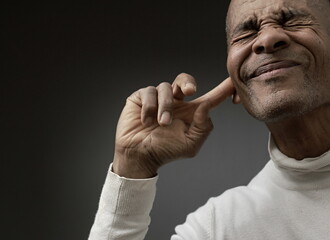 deafness suffering from hearing loss on grey black background with people stock image stock photo	