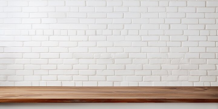 Fototapeta Empty wooden table over white brick wall background, wooden kitchen counter for food and product display template, white wall backdrop