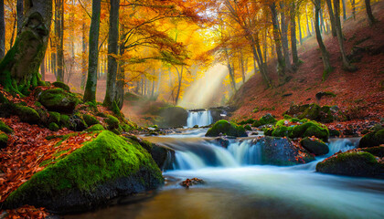 Jesienny las o świcie, rzeka i wodospady, krajobraz