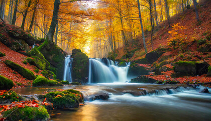 Jesienny las o świcie, rzeka i wodospady, krajobraz - obrazy, fototapety, plakaty