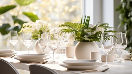  a table set for a formal dinner with wine glasses, plates, and a vase with a plant in it. - obrazy, fototapety, plakaty