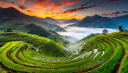 Zielone pola ryżowe na tle gór we mgle, Wietnam - obrazy, fototapety, plakaty