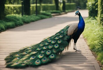 Obraz premium Male peacock with mating plumage standing on a walkway in a local park