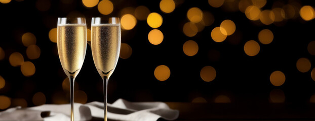  Champagne for festive cheers with gold sparkling bokeh background. Glasses of sparkling wine in...
