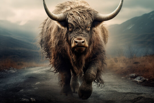 A Highland Yak With Massive Horns Standing On The Side Of A Dirt Road. Generative AI 