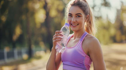 Poster Female athlete young woman in lilac fitness clothes taking a water break outdoors, drinking water and take a break, copy space. © Jasper W