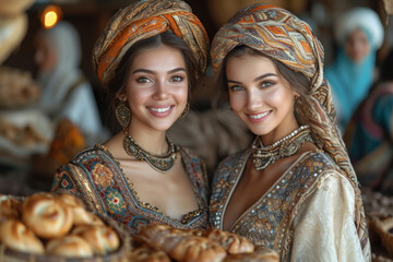 Azeri women and a Novruz tray with traditional pastries