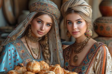 Azeri women and a Novruz tray with traditional pastries