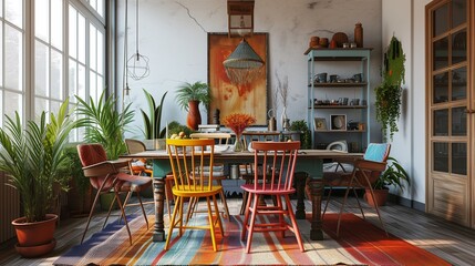 Fototapeta na wymiar Bohemian vibe into your dining space by combining mismatched chairs with 3D Furniture
