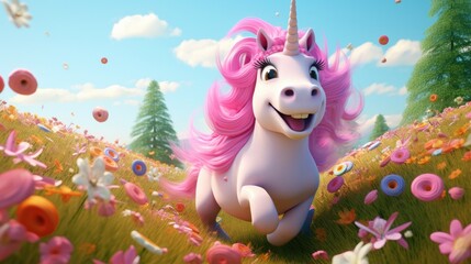 A cute unicorn with a pink mane jumps through a field of colorful flowers