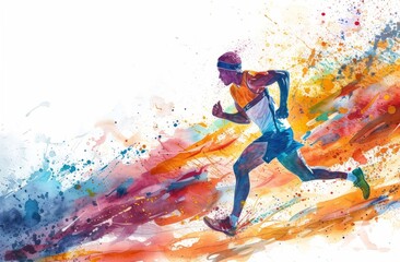 an image of a man running with colorful brushes and watercolor painting of athlete Generative AI