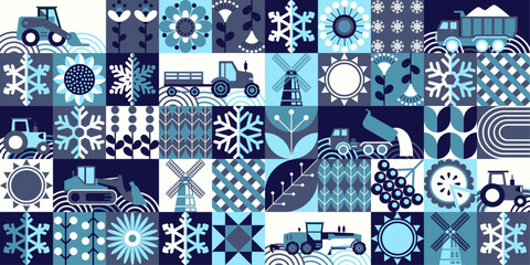 Winter pattern. A large set. Simple geometric shapes. Abstract geomertic textile background of snow removal equipment, snowflakes, frost, cold, pies, winter berries and flowers.