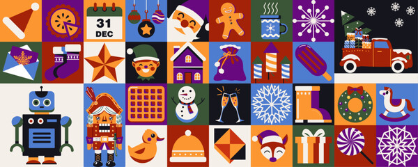 Abstract geometric Christmas background. Set of Christmas gingerbread, Santa, snowman, toys, holiday sweet candie. Merry Christmas and Happy New Year! Winter collection. Mosaic style. © AliArt