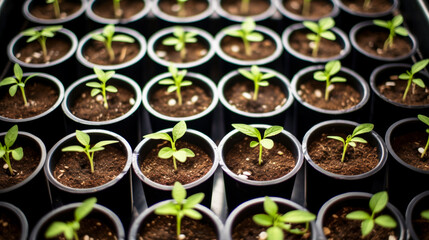 Close-up of young green plant seedlings sprouting in organized pots, symbolizing growth.