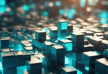 Modern Tech Background with Perfectly Aligned Multisized Blocks Blue and Turquoise 3D Render