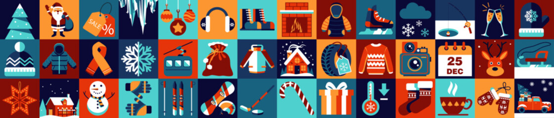 Geometric food, clothes, shoes, shopping and gifts winter background. Winter tires, cars, frost, snow, icicles, hockey, snowboard, skates, sledges, skis. Merry Christmas and Happy New Year! - obrazy, fototapety, plakaty