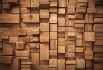 Natural Timber Wall background with tiles Wood tile Wallpaper with 3D Square blocks in various size different texture