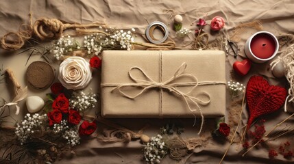  a wrapped present sitting on top of a table next to a bouquet of flowers and a cup with a candle.