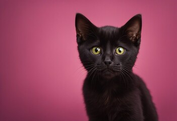 Obraz premium Portrait of a black domestic short hair kitten with yellow green eyes isolated on a mottled pink focused looking at viewer