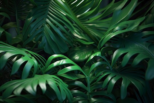 3D render of Tropical green leaves background. Textured backdrop with greenery © The Artist