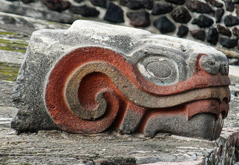 Stone Snake Head Of Aztec God Quetzalcoatl In Tenochtitlan Ruins,(templo Mayor) Mexico City