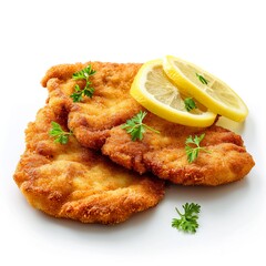 Delicious funnel cake topped with chocolated syrup and fruit isolated on white