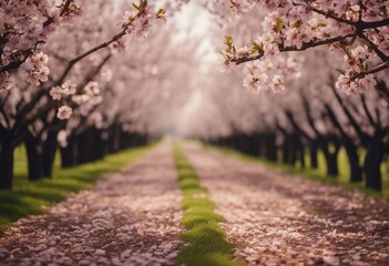 Naklejka na ściany i meble Rows of almond trees blooming petals on ground