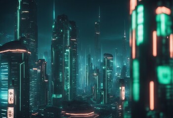 Visionary Skyscrapers and Skylines in a Sci-fi Metropolis City with Blue and Green Neon lights