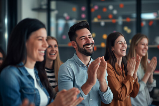 An image capturing the moment of employee recognition with colleagues applauding and celebrating a standout team member. Focus on the joy and appreciation in their expressions, Business team clapping.