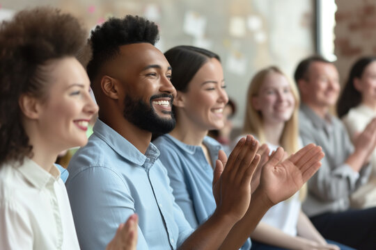 An image capturing the moment of employee recognition with colleagues applauding and celebrating a standout team member. Focus on the joy and appreciation in their expressions, Business team clapping.