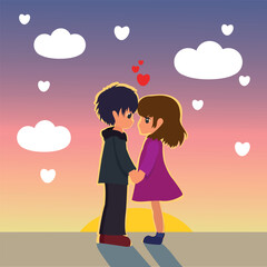Valentines day Young Animated Couple Sharing a Romantic Moment at Sunset With Heart-shaped Clouds