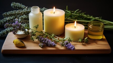 a couple of candles sitting on top of a wooden cutting board next to some flowers and a jar of oil.