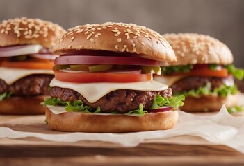Three delicious hamburgers on parchment paper