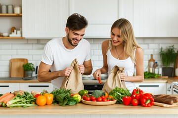 Happy couple unpacking groceries in a modern kitchen