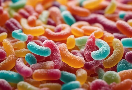Sour candy gummy worms close up background Covered in granulated sugar
