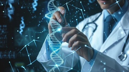 Healthcare and medical. Doctor touching icon DNA and digital healthcare and medical diagnosis of patient with network connection on modern interface. Science, Medical research and development. - obrazy, fototapety, plakaty