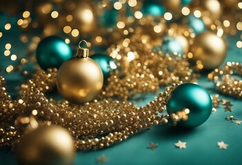 Teal and Gold Festive Background Premium Christmas Decorations with Gold Glitters