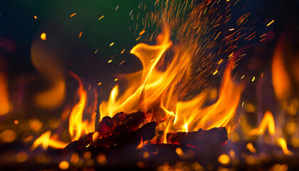 Close up red and orange fire flames and sparks, bonfire