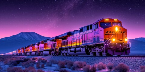 Wide angle close-up shot of a train moving across the landscape at dusk - obrazy, fototapety, plakaty
